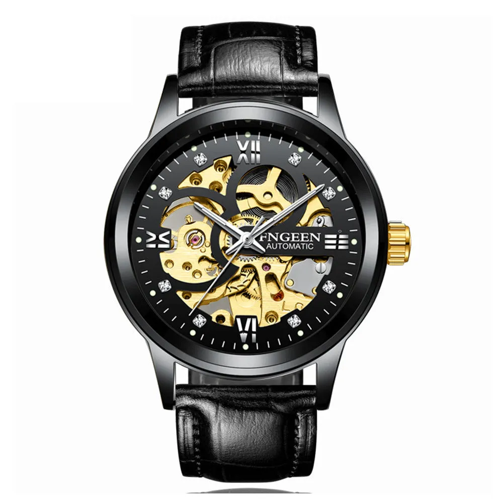 Men's luminous stainless steel mechanical watch with 40mm dial and black dial on golden steel strap