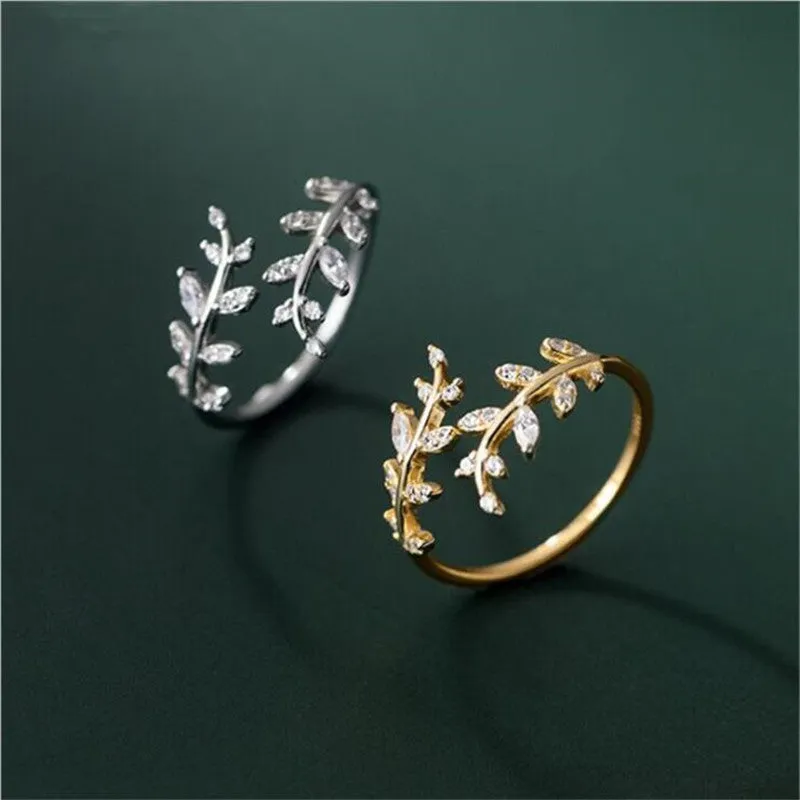 Copper leaf-shaped branch ring for women in gold and silver finishes