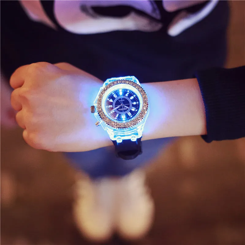 Geneva women’s LED luminous quartz watch with silicone strap, 43mm round alloy case, and pin buckle