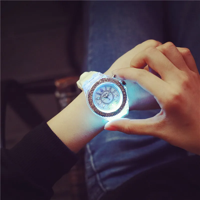 Geneva women’s LED luminous quartz watch with silicone strap, 43mm round alloy case, and pin buckle