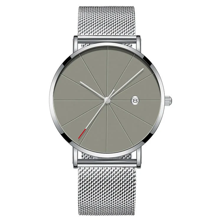 Men's simple calendar quartz watch with stainless steel case and mineral glass face, 40mm diameter