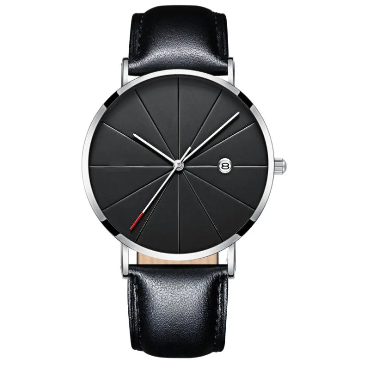 Men's simple calendar quartz watch with stainless steel case and mineral glass face, 40mm diameter