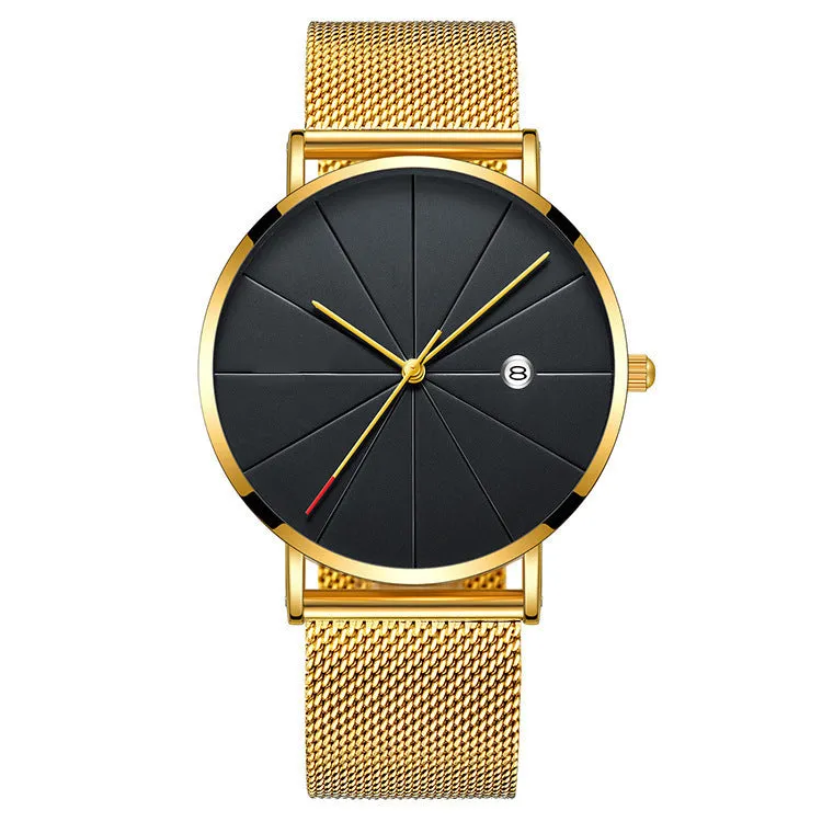 Men's simple calendar quartz watch with stainless steel case and mineral glass face, 40mm diameter