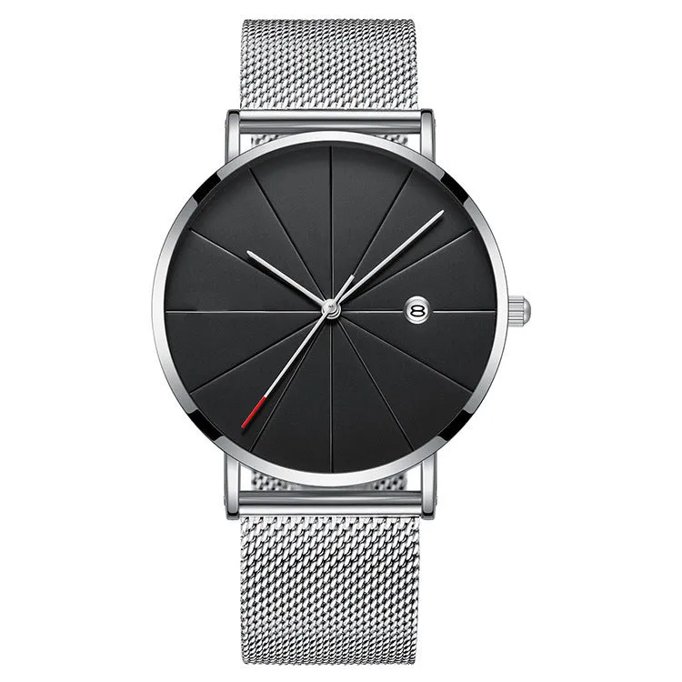 Men's simple calendar quartz watch with stainless steel case and mineral glass face, 40mm diameter