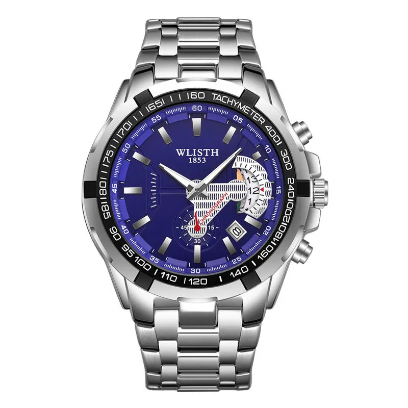 Men's quartz sports watch with stainless steel strap, 47mm round dial, luminous hands, and date display