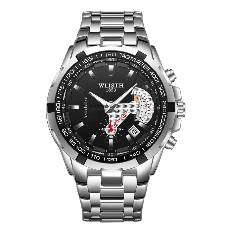 Men's quartz sports watch with stainless steel strap, 47mm round dial, luminous hands, and date display