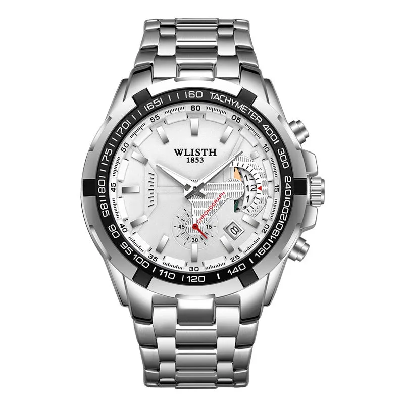 Men's quartz sports watch with stainless steel strap, 47mm round dial, luminous hands, and date display