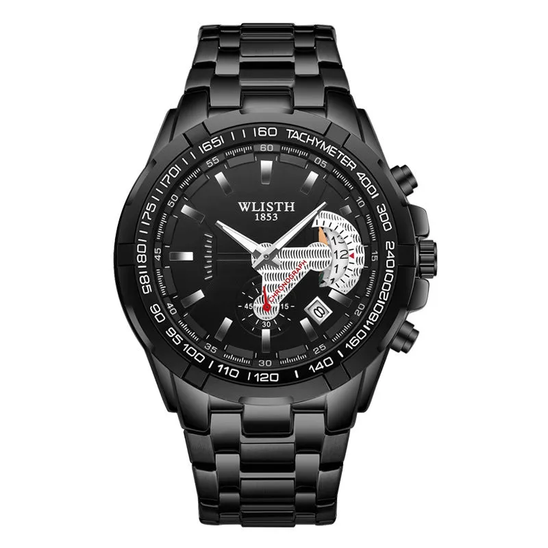 Men's quartz sports watch with stainless steel strap, 47mm round dial, luminous hands, and date display