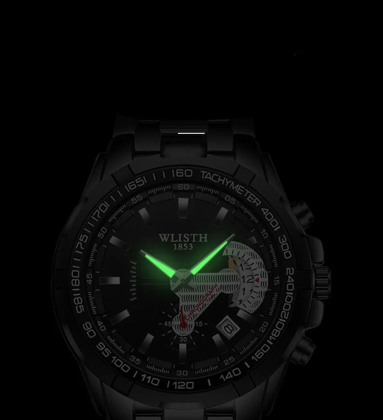 Men's quartz sports watch with stainless steel strap, 47mm round dial, luminous hands, and date display