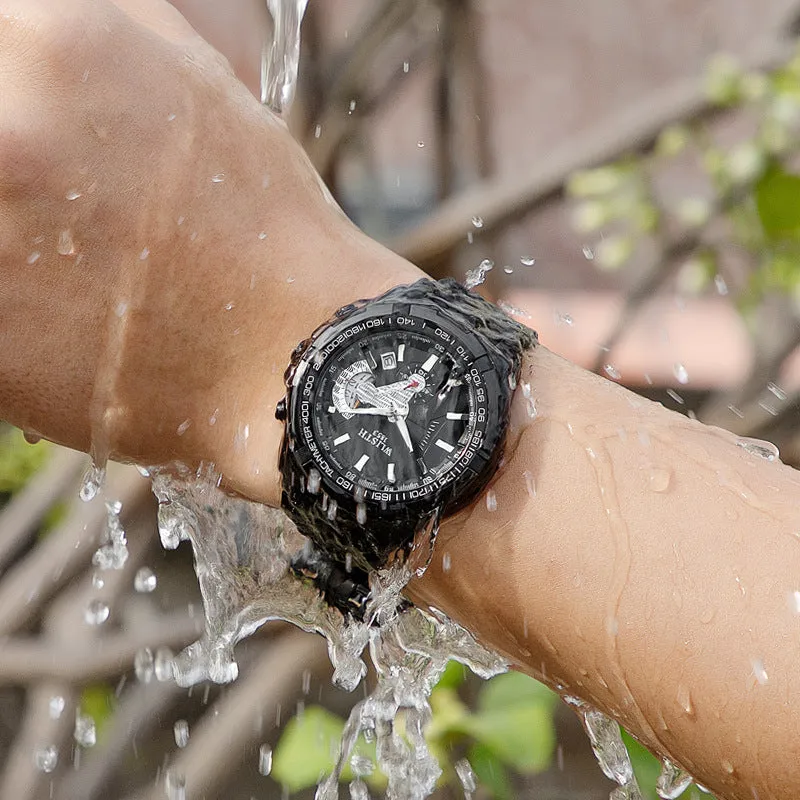Men's quartz sports watch with stainless steel strap, 47mm round dial, luminous hands, and date display