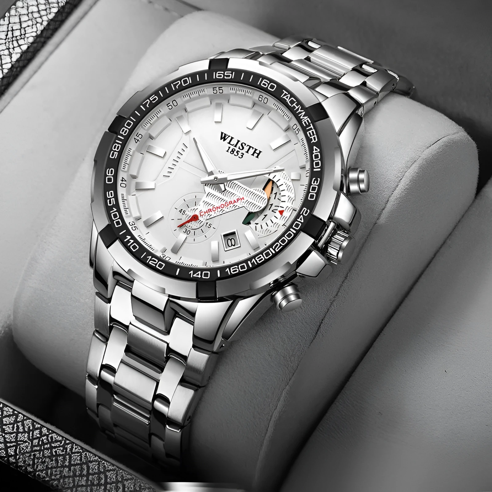 Men's quartz sports watch with stainless steel strap, 47mm round dial, luminous hands, and date display