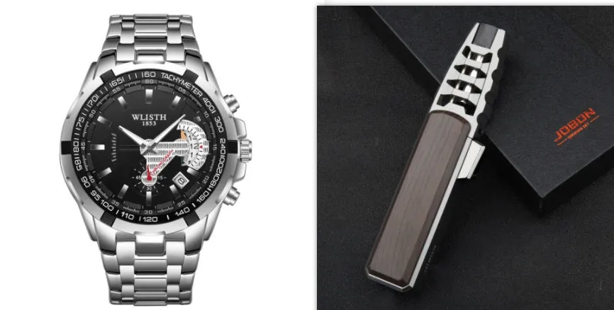 Men's quartz sports watch with stainless steel strap, 47mm round dial, luminous hands, and date display