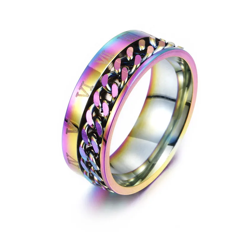 Men's titanium steel rotating letter chain bottle opener ring in silver finish on a surface