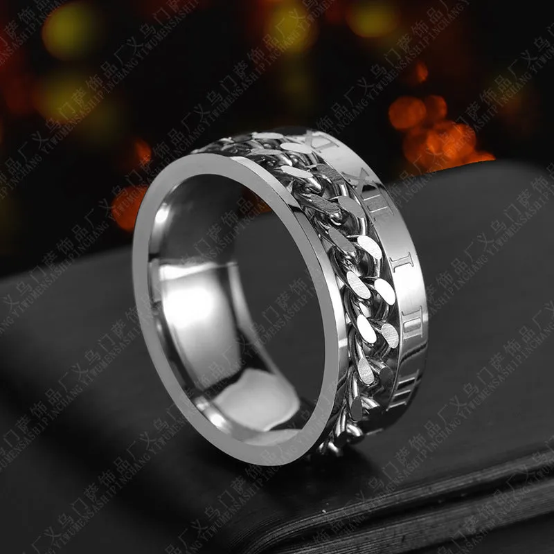 Men's titanium steel rotating letter chain bottle opener ring in silver finish on a surface