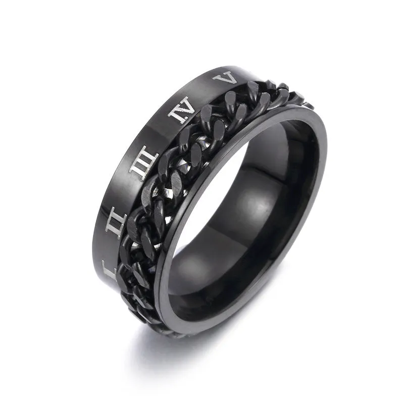 Men's titanium steel rotating letter chain bottle opener ring in silver finish on a surface