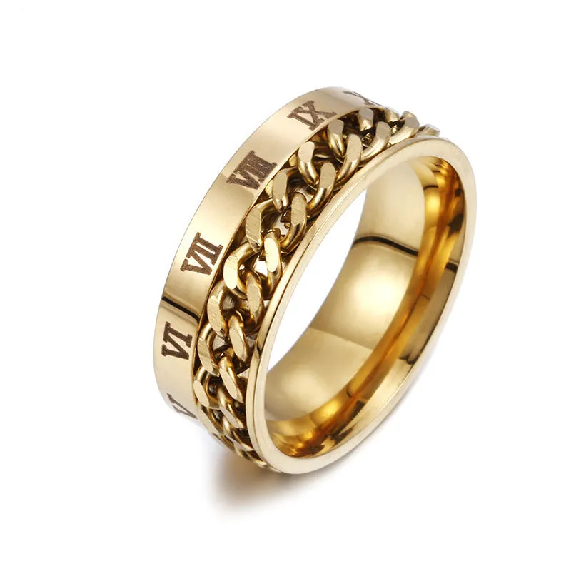 Men's titanium steel rotating letter chain bottle opener ring in silver finish on a surface