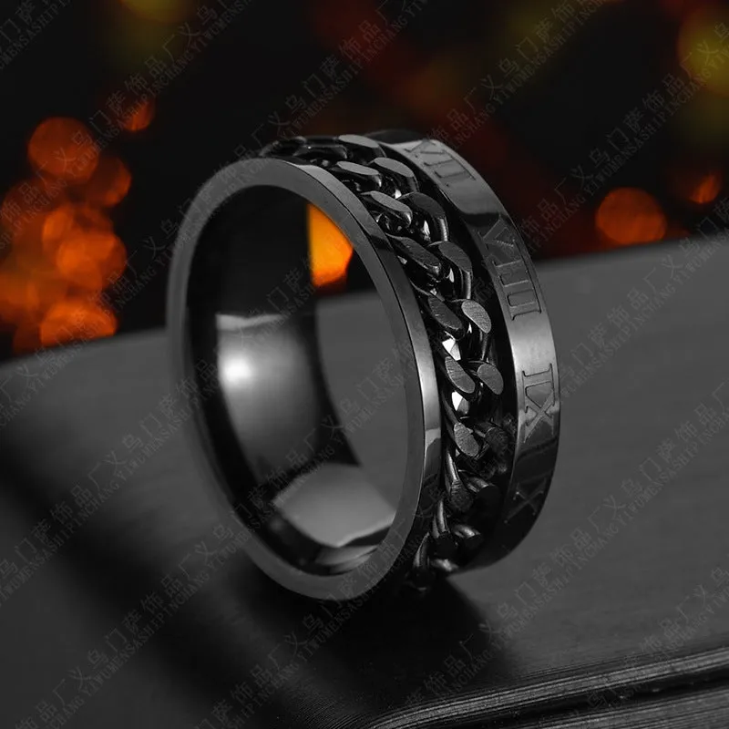Men's titanium steel rotating letter chain bottle opener ring in silver finish on a surface