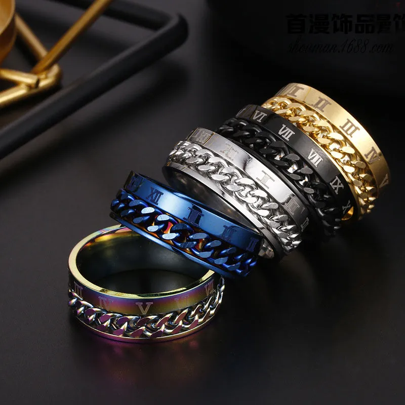 Men's titanium steel rotating letter chain bottle opener ring in silver finish on a surface