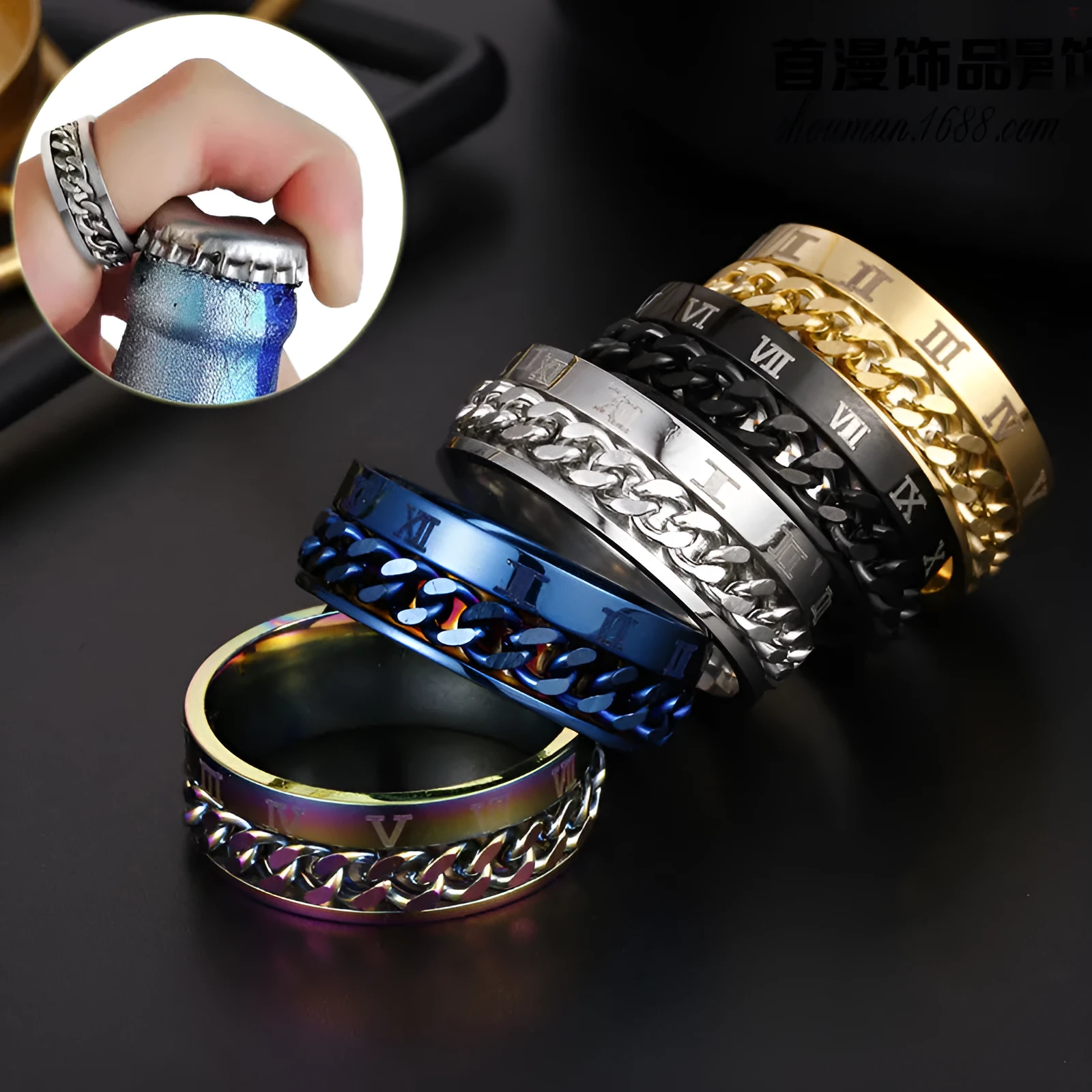 Men's titanium steel rotating letter chain bottle opener ring in silver finish on a surface
