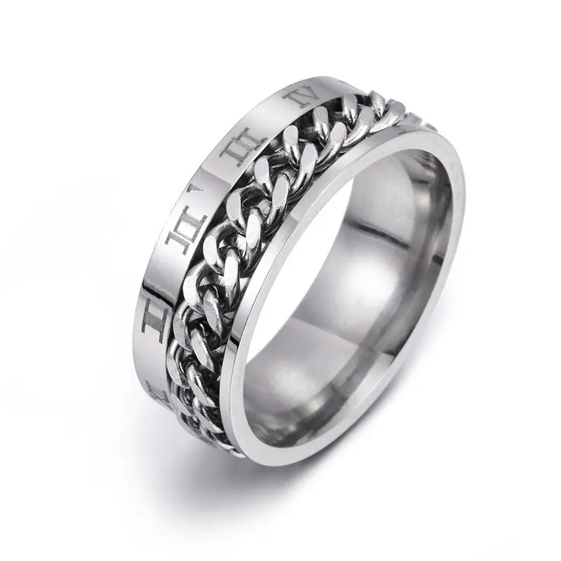 Men's titanium steel rotating letter chain bottle opener ring in silver finish on a surface