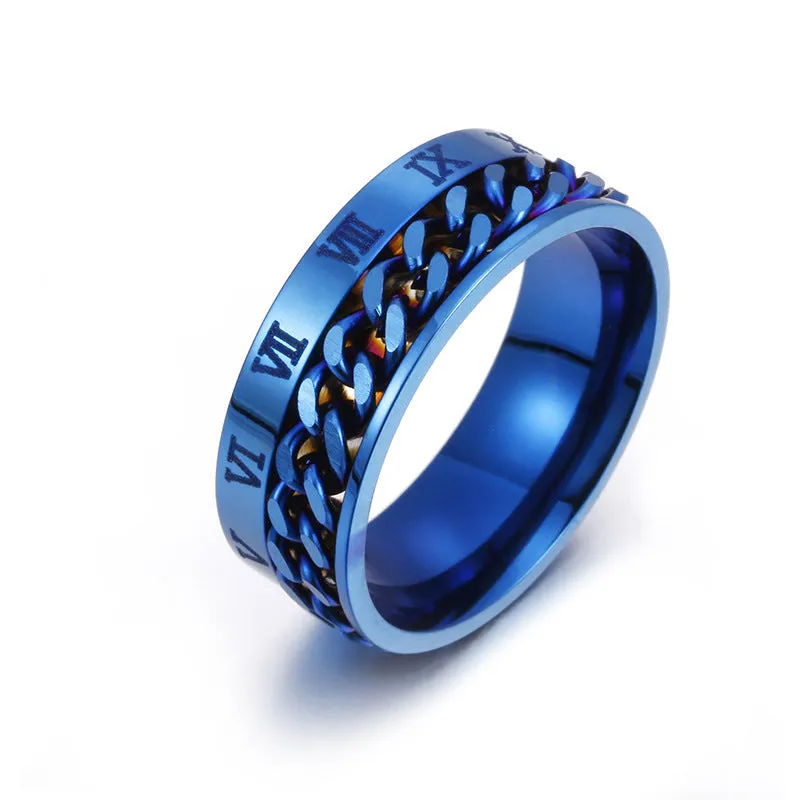 Men's titanium steel rotating letter chain bottle opener ring in silver finish on a surface