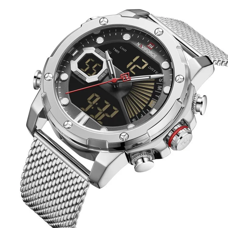 Men's sports watch with alloy case and stainless steel strap, pointer and number display, blue dial