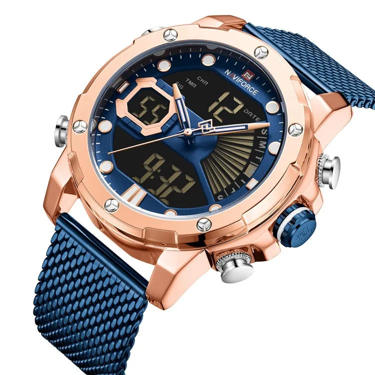Men's sports watch with alloy case and stainless steel strap, pointer and number display, blue dial