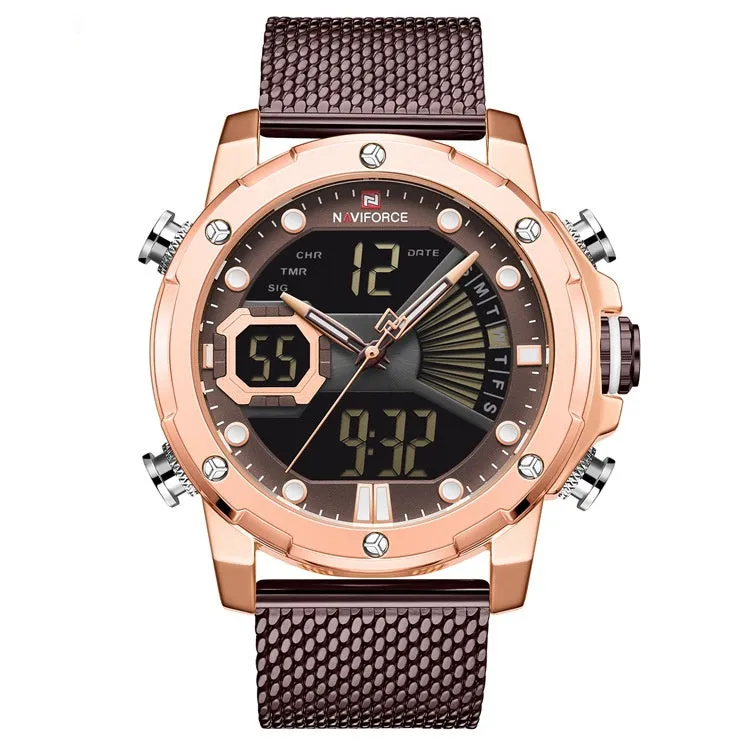 Men's sports watch with alloy case and stainless steel strap, pointer and number display, blue dial