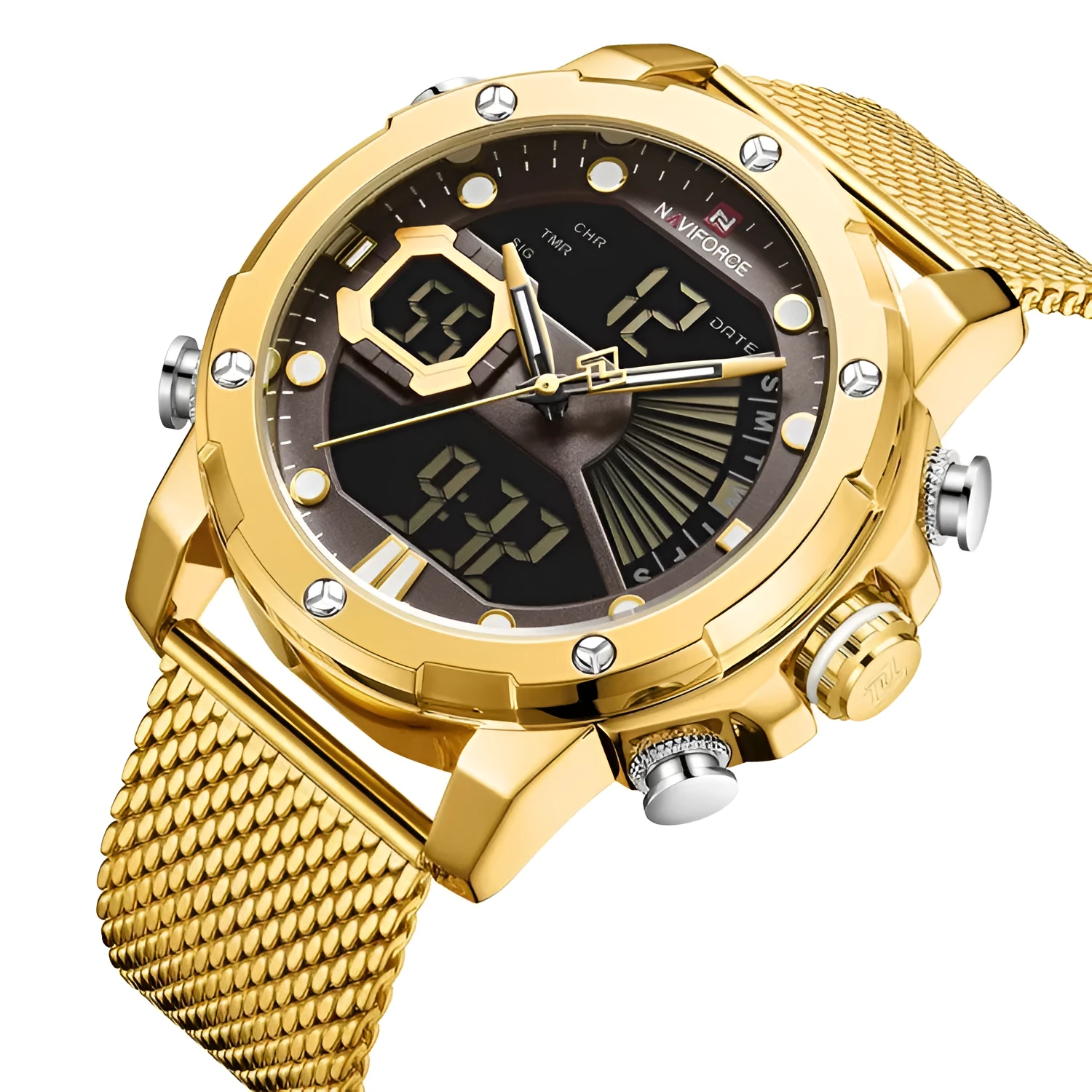 Men's sports watch with alloy case and stainless steel strap, pointer and number display, blue dial