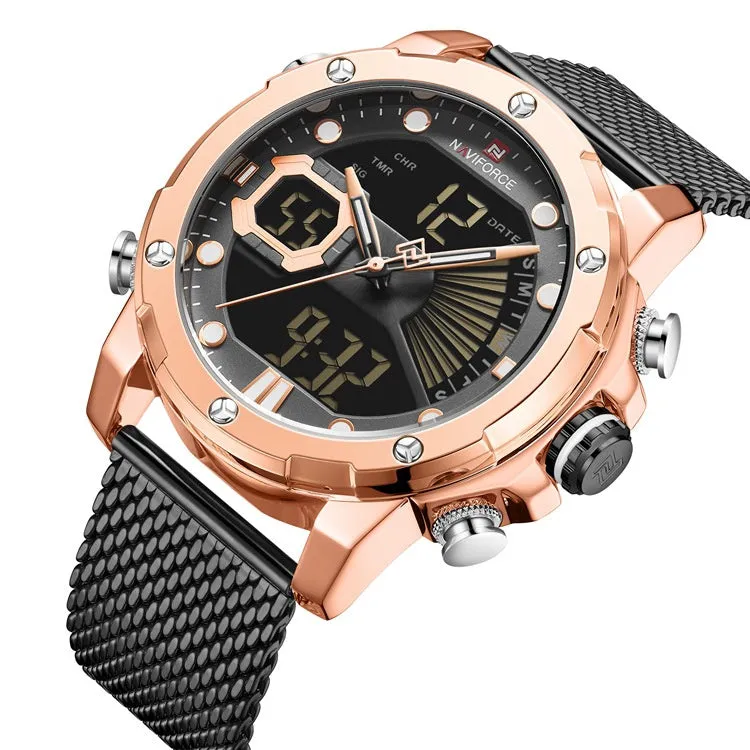 Men's sports watch with alloy case and stainless steel strap, pointer and number display, blue dial