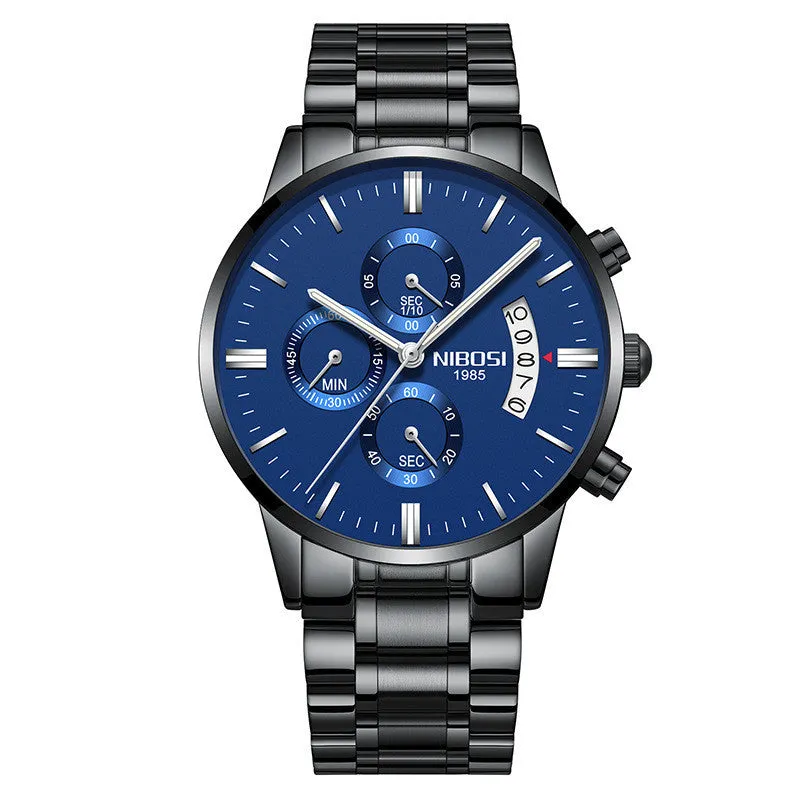 Men's watch with 43mm dial diameter, 11mm thickness, 22mm strap, quartz movement, stainless steel case