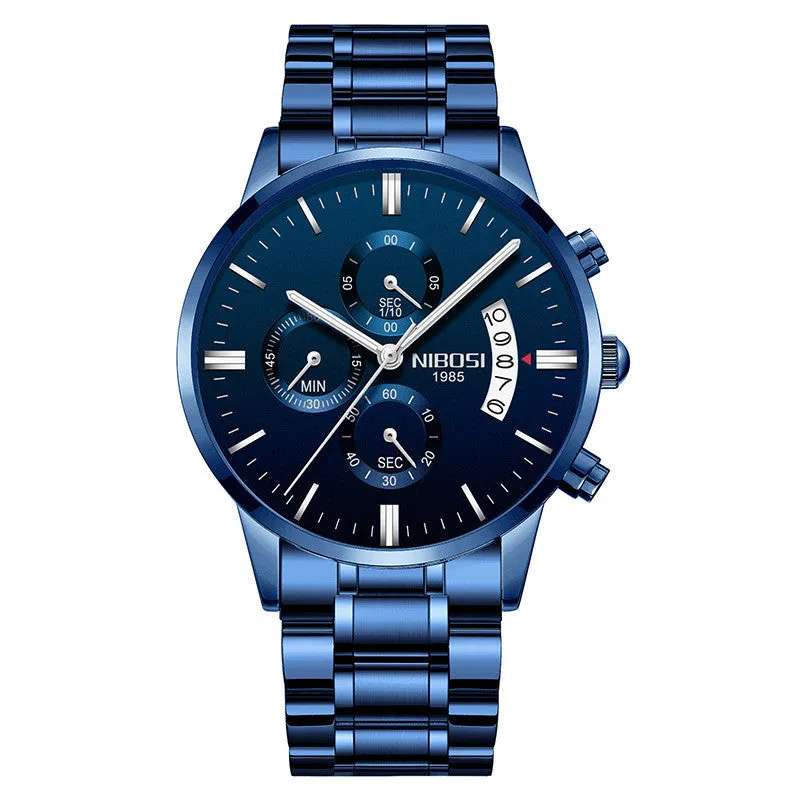 Men's watch with 43mm dial diameter, 11mm thickness, 22mm strap, quartz movement, stainless steel case