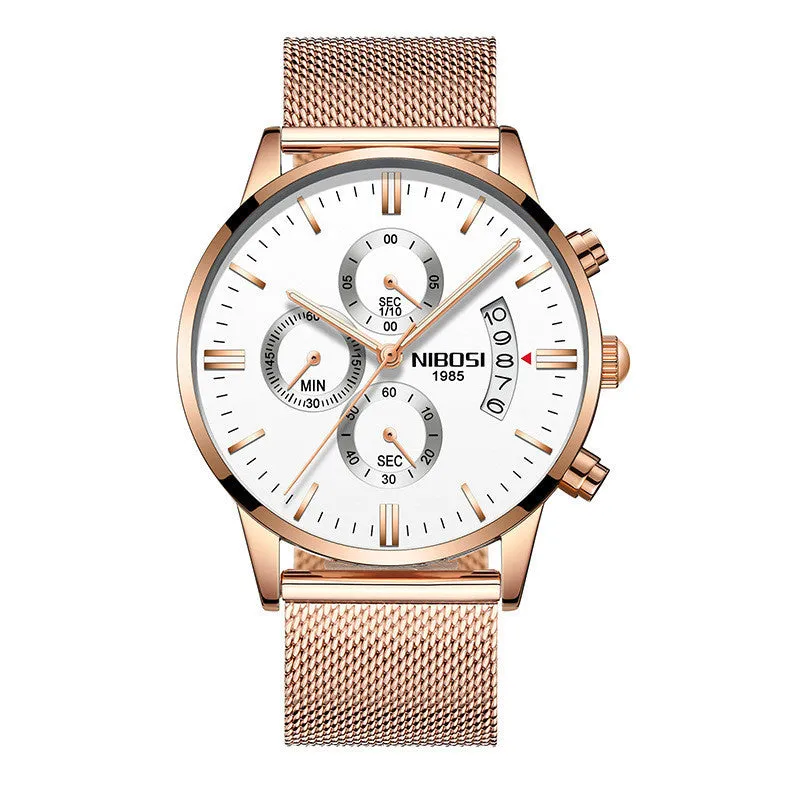 Men's watch with 43mm dial diameter, 11mm thickness, 22mm strap, quartz movement, stainless steel case