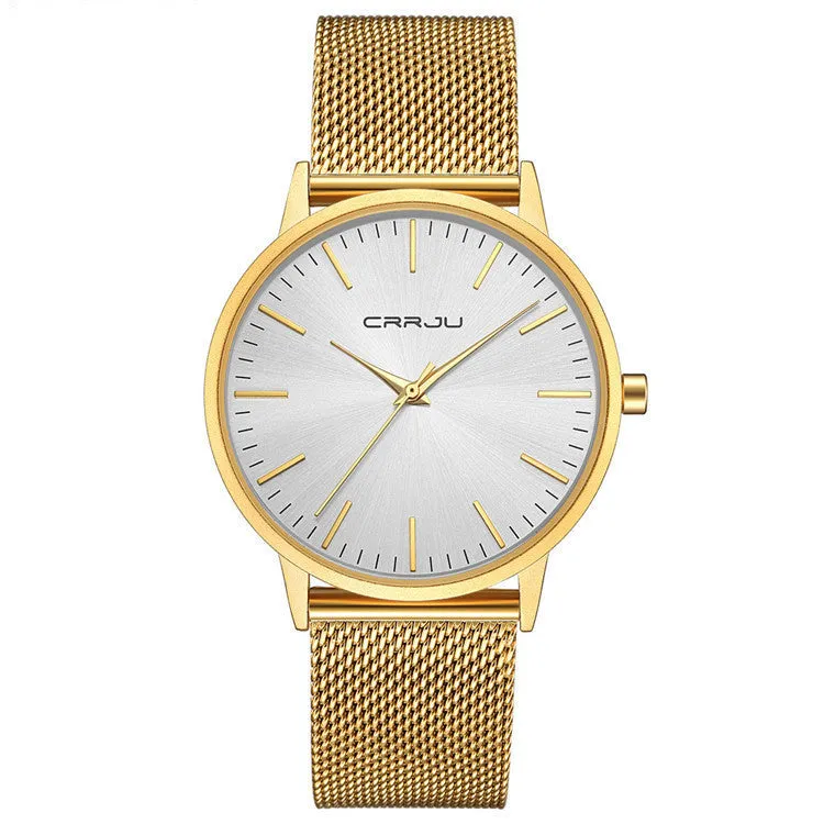 Casual men's and women's quartz watch with alloy case and mesh strap, black dial, 30m water resistance