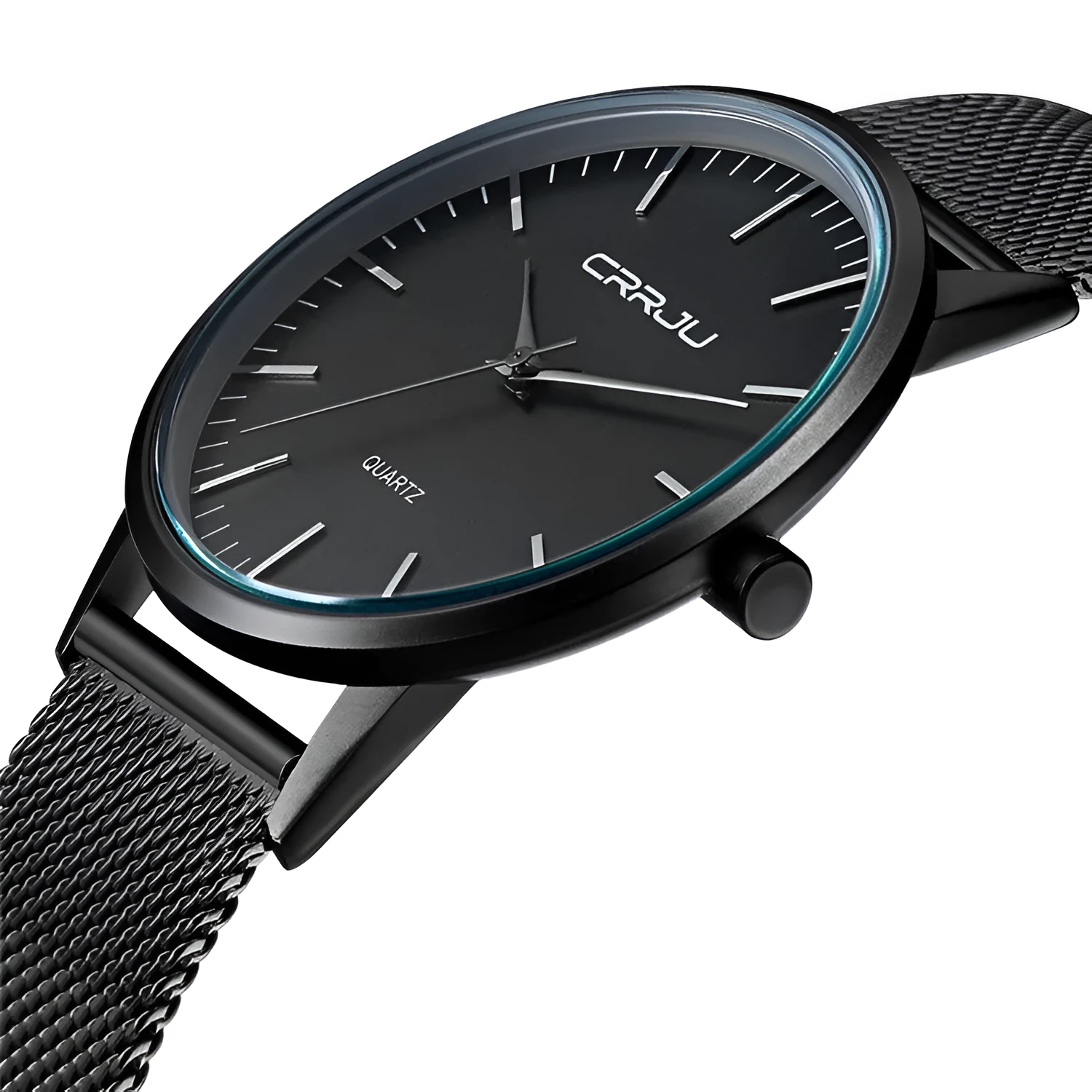 Casual men's and women's quartz watch with alloy case and mesh strap, black dial, 30m water resistance