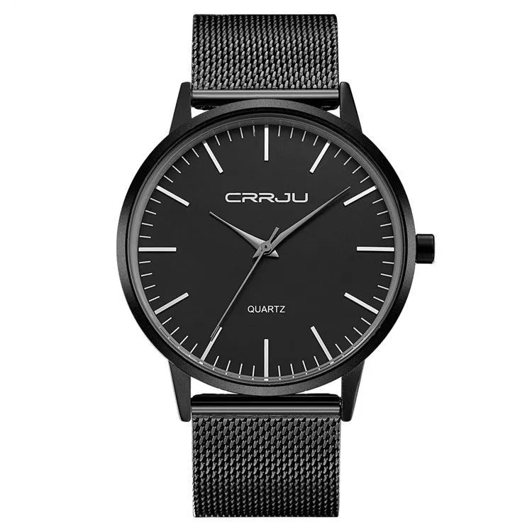 Casual men's and women's quartz watch with alloy case and mesh strap, black dial, 30m water resistance
