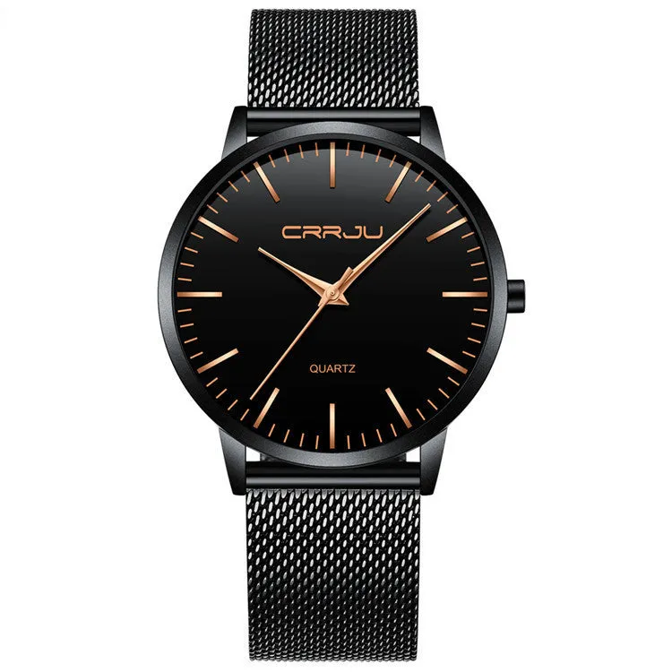 Casual men's and women's quartz watch with alloy case and mesh strap, black dial, 30m water resistance