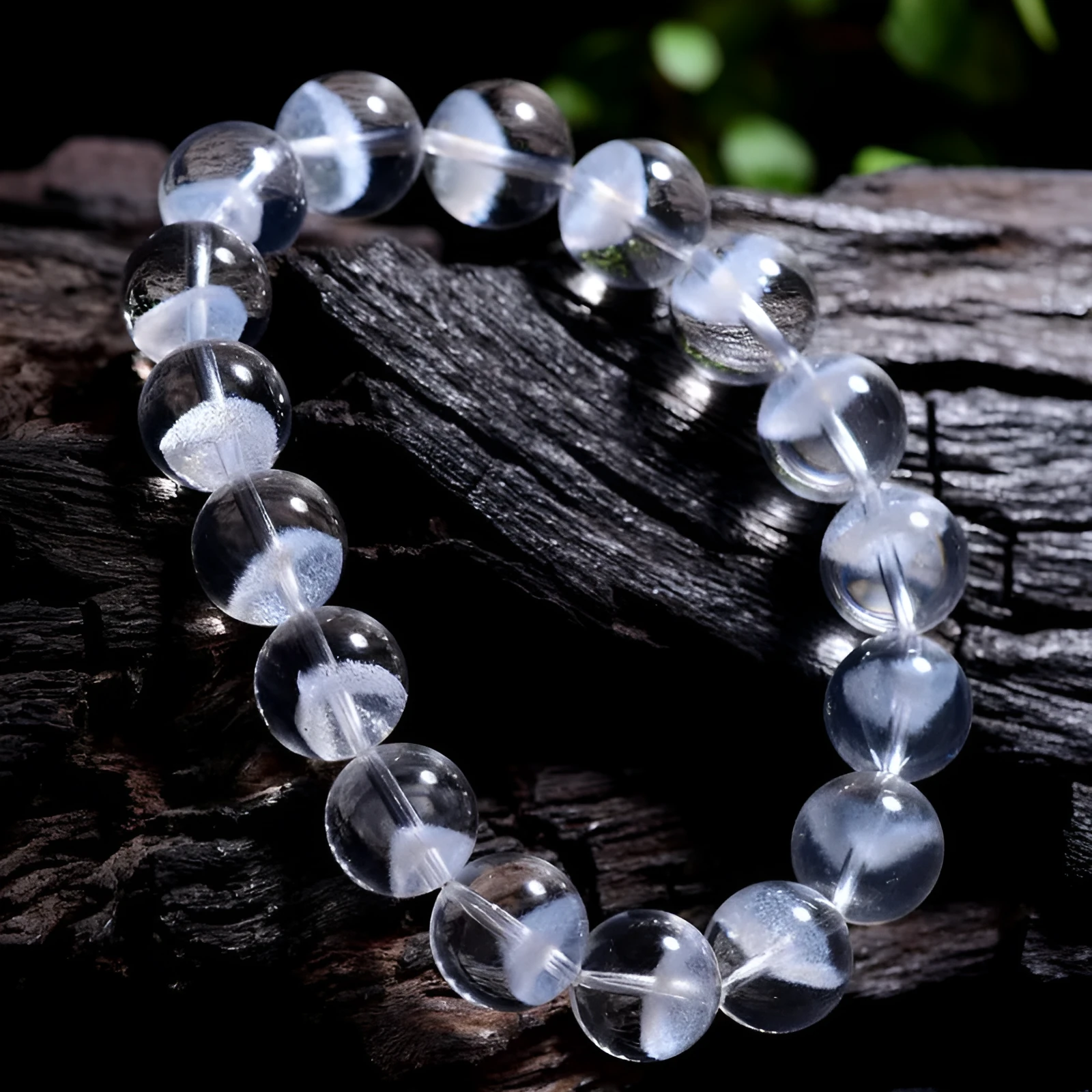 Women's white crystal ghost bracelet with a ruyi element, showing adjustable bead sizes.
