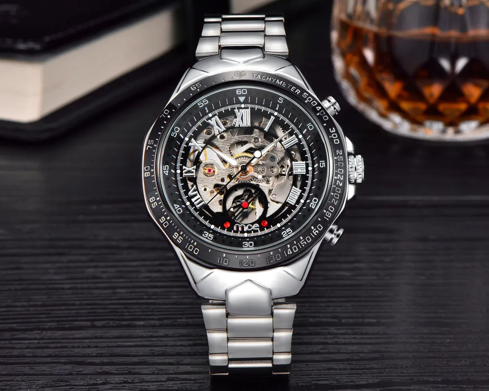 MCE men's mechanical watch stainless steel skeleton dial explosion proof self-winding wristwatch