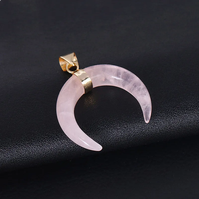 Natural stone moon pendant necklace with copper fittings and electroplated finish on adjustable 45cm chain
