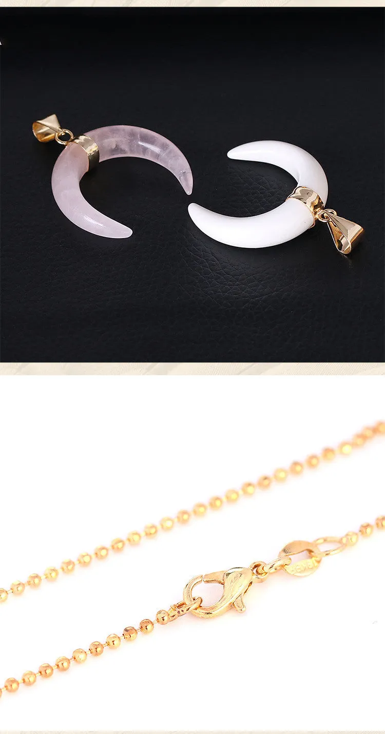 Natural stone moon pendant necklace with copper fittings and electroplated finish on adjustable 45cm chain