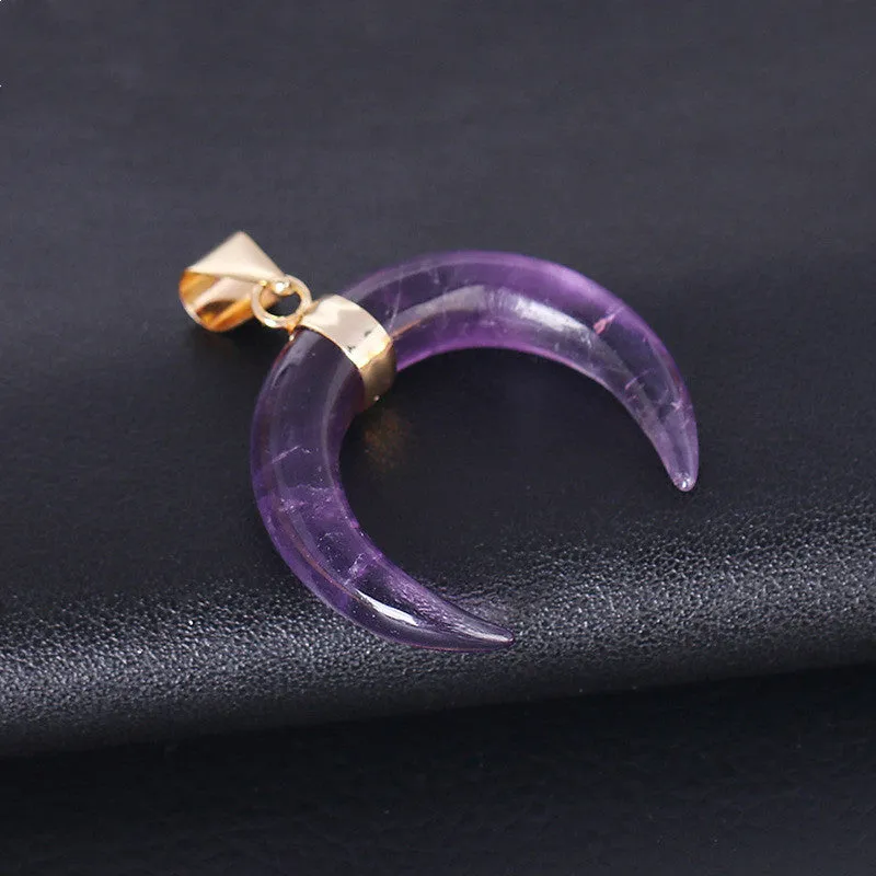 Natural stone moon pendant necklace with copper fittings and electroplated finish on adjustable 45cm chain