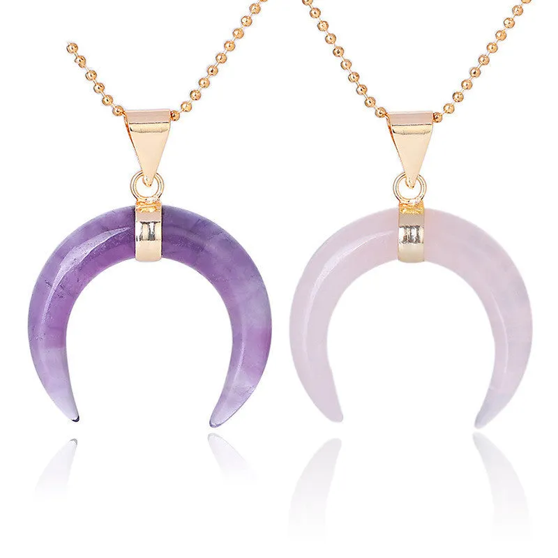 Natural stone moon pendant necklace with copper fittings and electroplated finish on adjustable 45cm chain