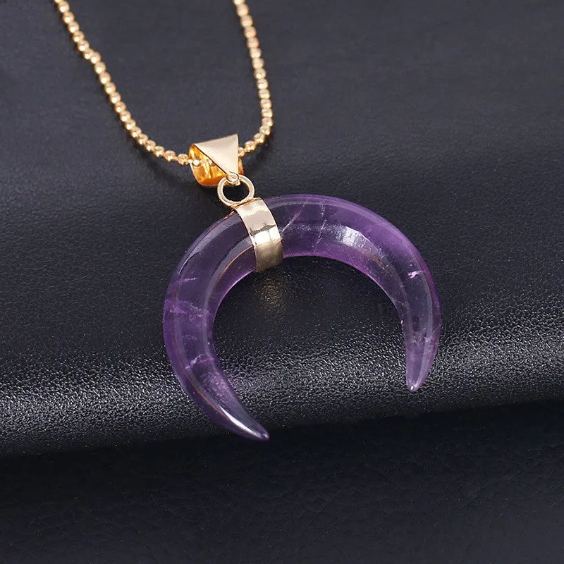 Natural stone moon pendant necklace with copper fittings and electroplated finish on adjustable 45cm chain