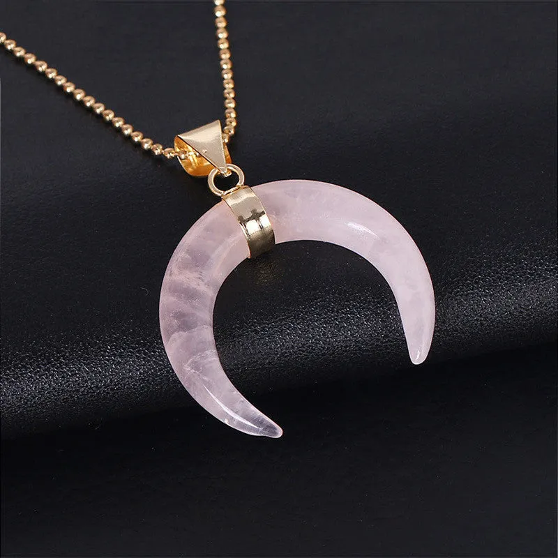 Natural stone moon pendant necklace with copper fittings and electroplated finish on adjustable 45cm chain