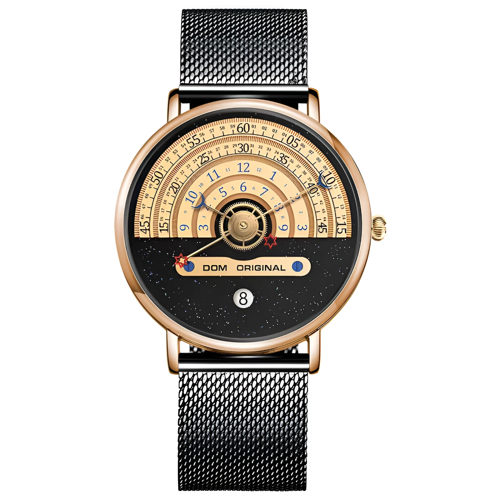 M-1288 men's quartz watch with gold 40mm dial and stainless steel strap on white background