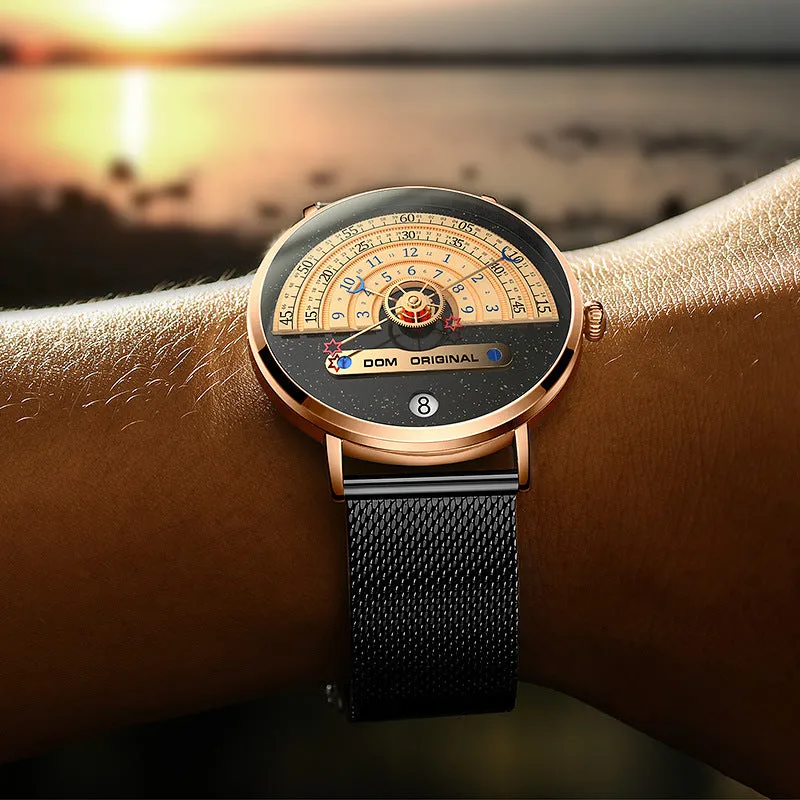 M-1288 men's quartz watch with gold 40mm dial and stainless steel strap on white background