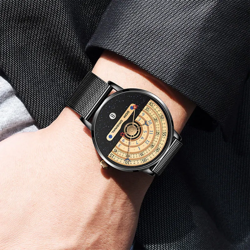 M-1288 men's quartz watch with gold 40mm dial and stainless steel strap on white background