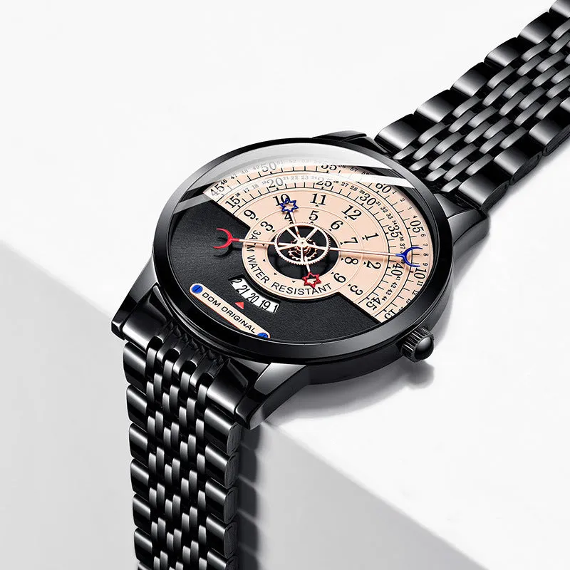 M-1288 men's quartz watch with gold 40mm dial and stainless steel strap on white background