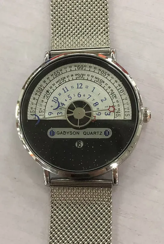 M-1288 men's quartz watch with gold 40mm dial and stainless steel strap on white background